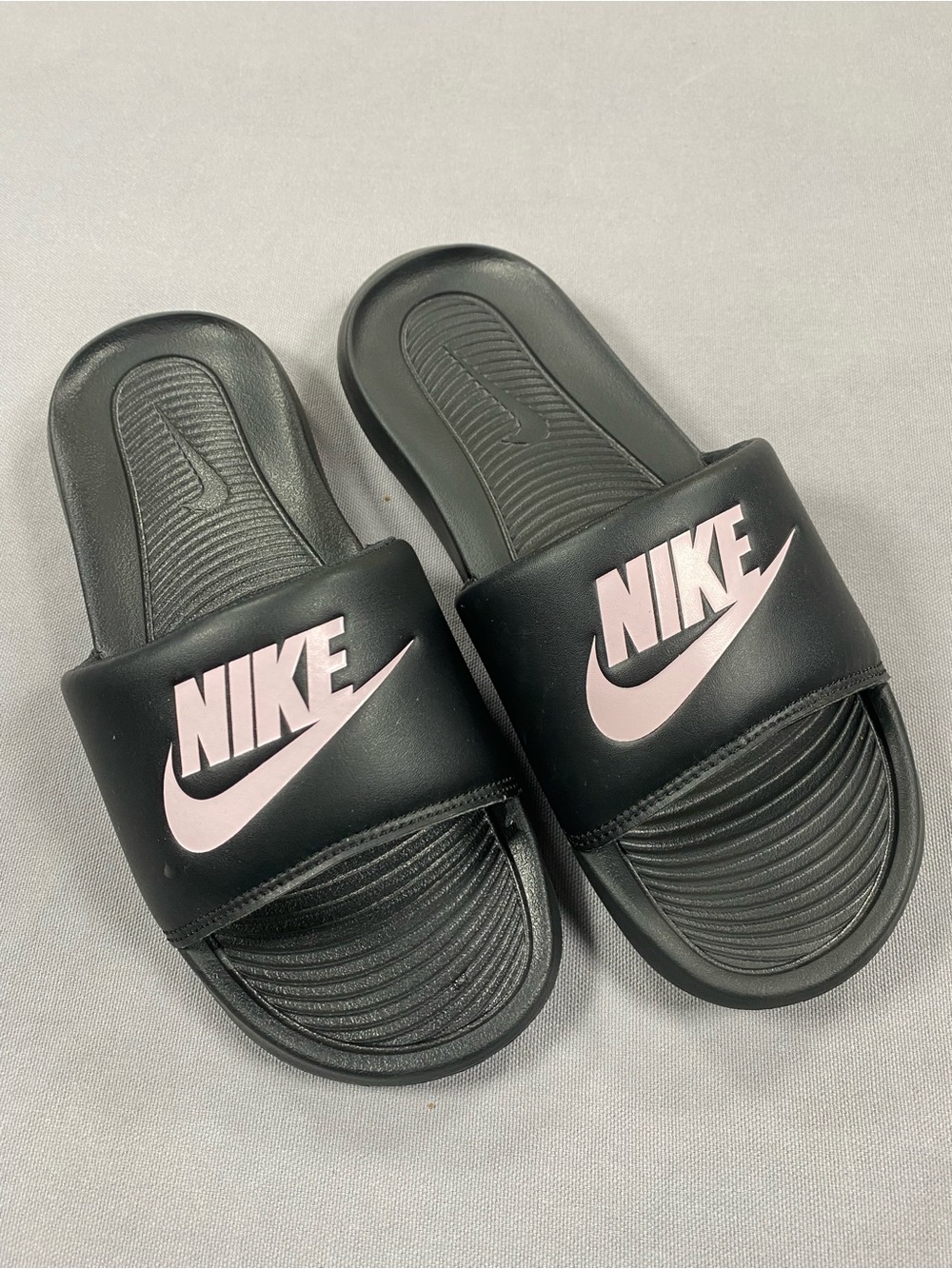 Nike Black Slide Sandals with Light Pink Swoosh
